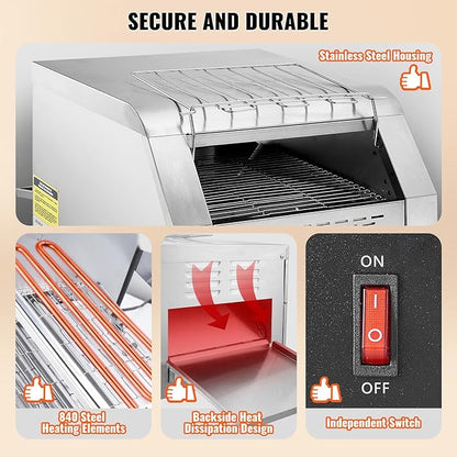 VEVOR Commercial Conveyor Toaster, 300 Slices/Hour, Heavy Duty Stainless Steel - Image 5