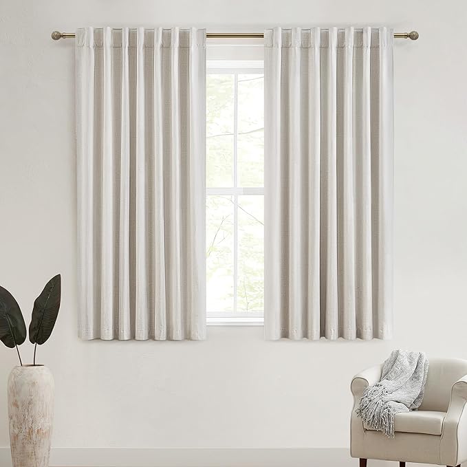 Short Linen Blackout Curtains for Bedroom 45 Inches Length 2 Panels Set by QJMYDECO