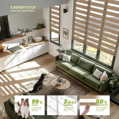 Cordless Zebra Blinds for Windows, Brown, 34.5" W x 72" H | Dual Layer Light Control for Day and Night,Light Filtering & Blackout Window Blinds,Easy to Install Zebra Blind for Home