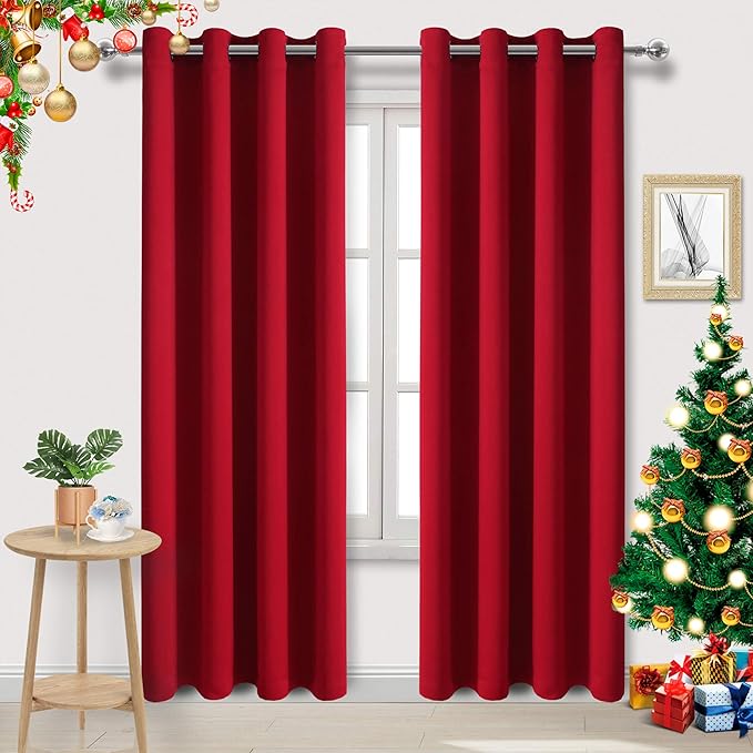 DWCN Red Christmas Curtains 84 Inch Length, Solid Thermal Blackout Bedroom by DWCN