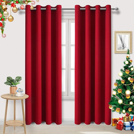 DWCN Red Christmas Curtains 84 Inch Length, Solid Thermal Blackout Bedroom by DWCN