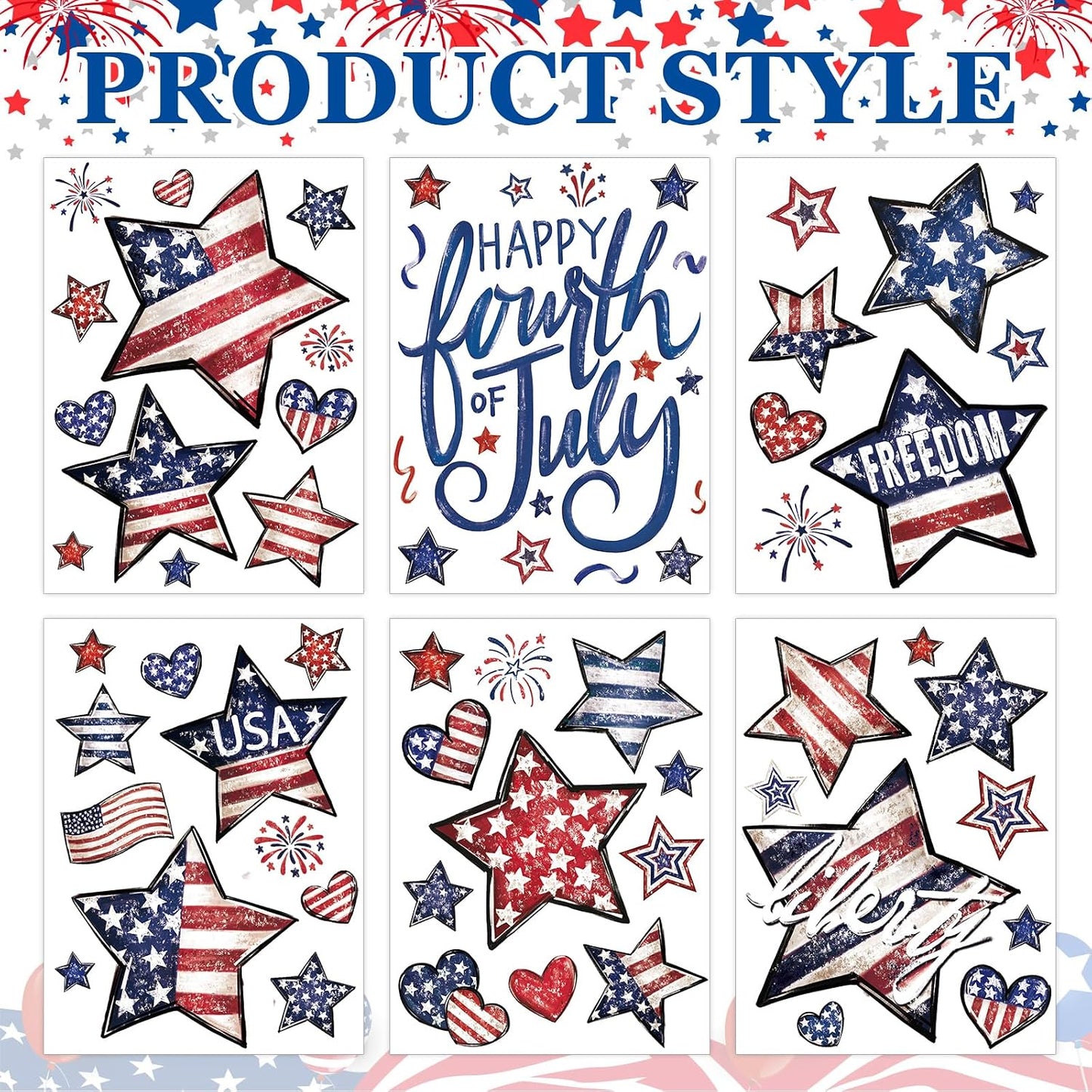 Vellibring 6 Sheet Patriotic Window Clings 4th of July Window Decals Retro Style USA Stars Flag Firework Decor for Independence Day Home Party Glass Mirror Decoration