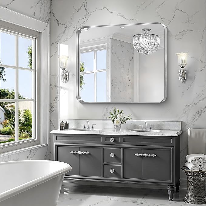 CIRCUMI Silver Bathroom Mirror, Rounded Corner, Tempered Glass, Large Mirror - Image 4