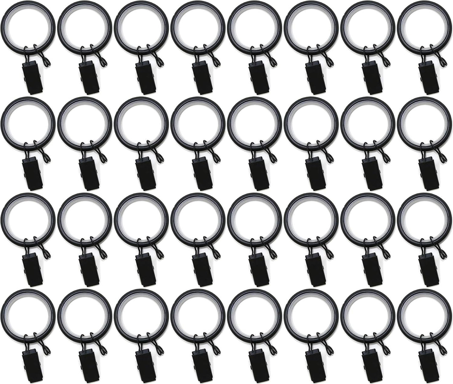 Urbanest 1.25" Quiet Smooth Drapery Curtain Rod Rings for 1" Rod with Clips, Eyelets and Nylon Inserts, 32 Pieces, Matte Black