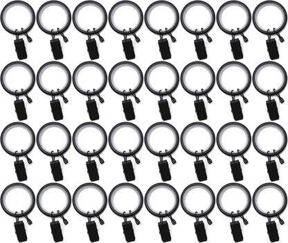Urbanest 1.25" Quiet Smooth Drapery Curtain Rod Rings for 1" Rod with Clips, Eyelets and Nylon Inserts, 32 Pieces, Matte Black