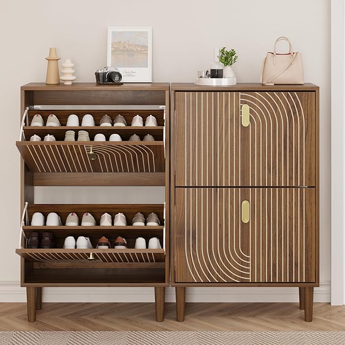 Smuxee Shoe Cabinet with 2 Flip Drawers, 23.6" Walnut Hidden Shoe Storage - Image 3