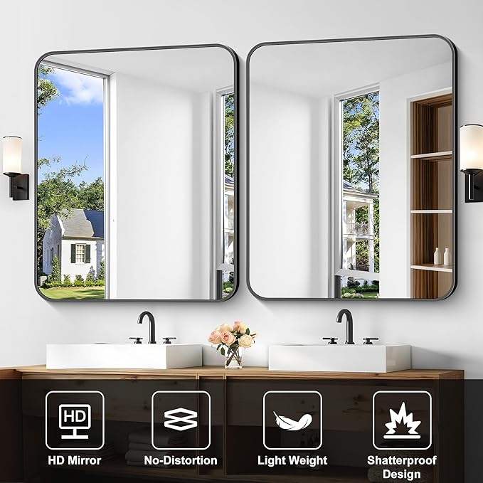 Bathroom Mirror, 36 x 30 inch Metal Framed Black Rectangle Mirror, Rounded - Image 6