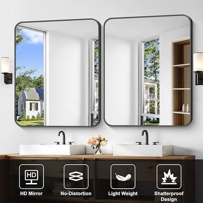 Bathroom Mirror, 36 x 30 inch Metal Framed Black Rectangle Mirror, Rounded - Image 6