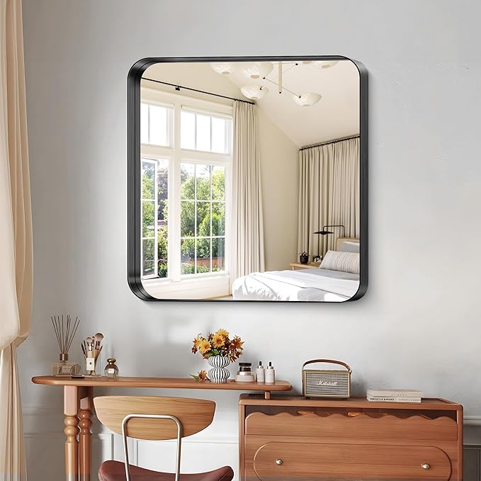 CIRCUMI Black Bathroom Mirror, Rounded Corner, Tempered Glass, Square Mirror - Image 6
