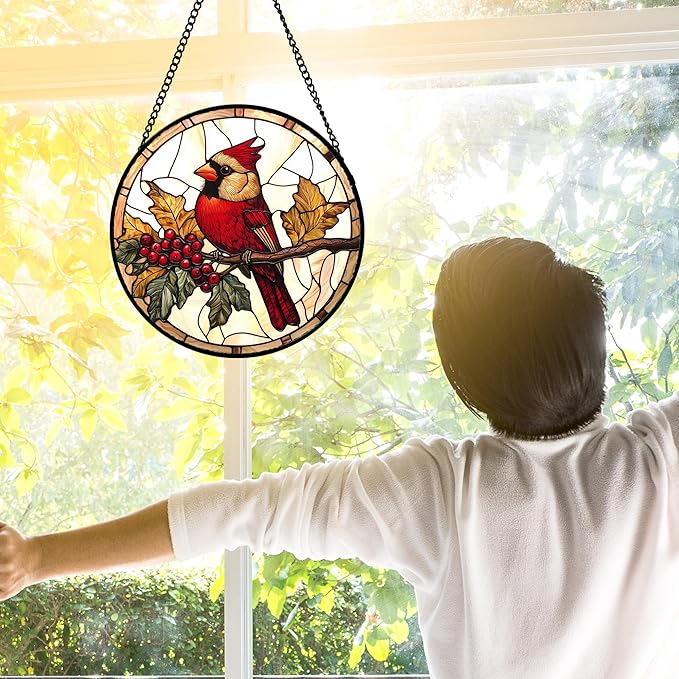 DASTOLL Stained Glass Window Hanging, Birds on a Branch Cardinal Sun Catchers - Image 4