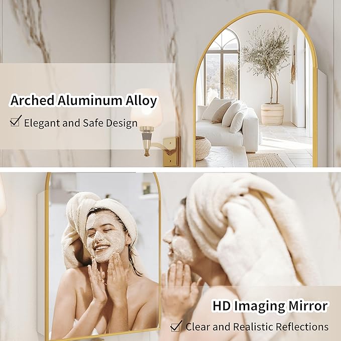 Gold Medicine Cabinet Mirror, Left or Right Opening, Arched Medicine Cabinet - Image 4