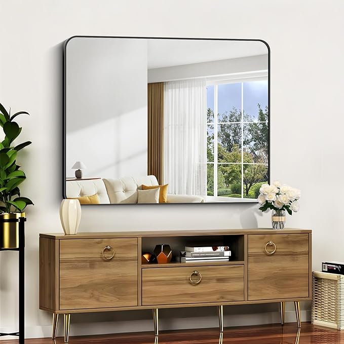 Bathroom Mirror, 48 x 40 inch Black Rectangle Wall Mirror, Metal Frame - Image 7