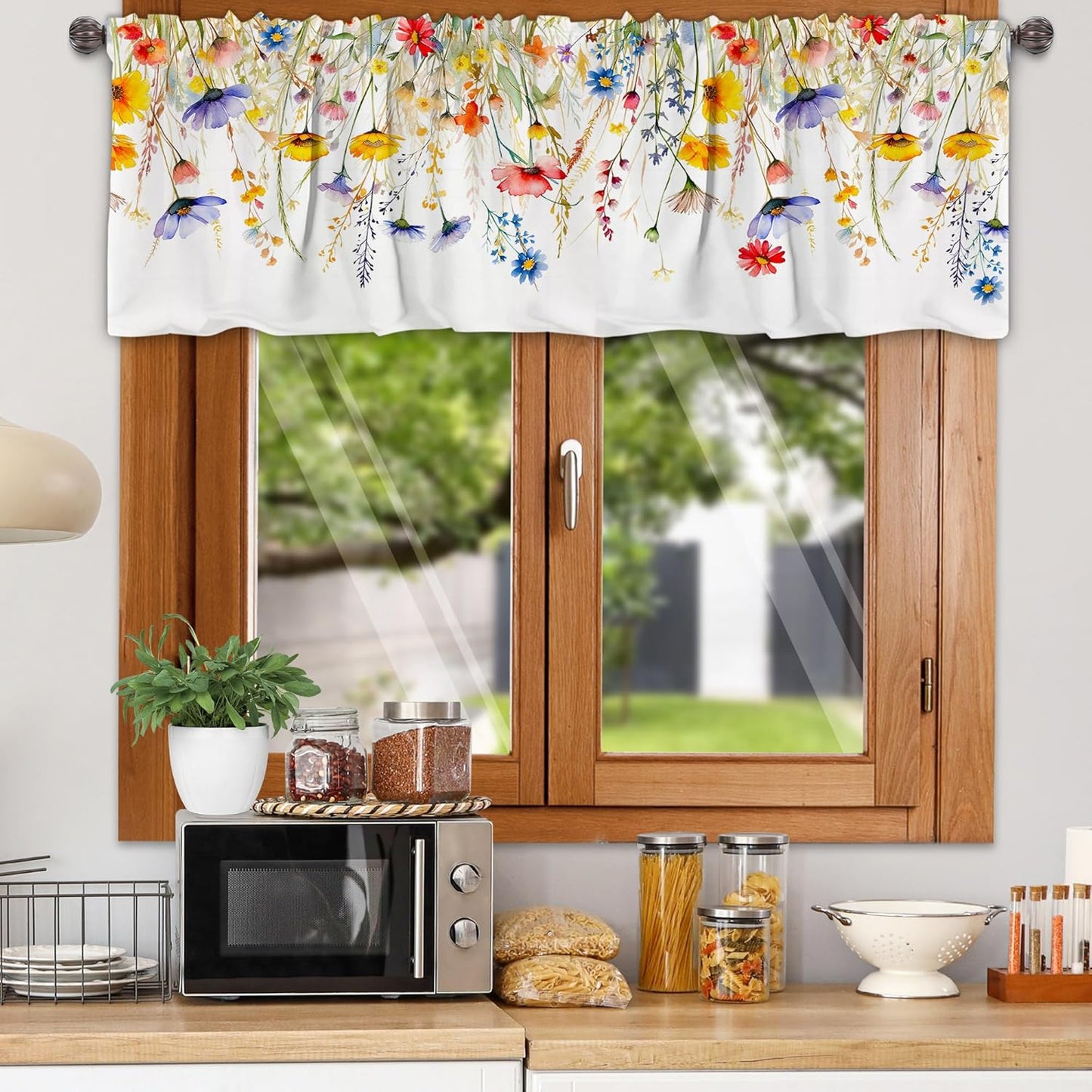 3 Piece Spring Kitchen Curtains and Valances Set for Window | Summer Floral Cafe Curtain 36 Inch Length Black & White Buffalo Plaid Kitchen Decor