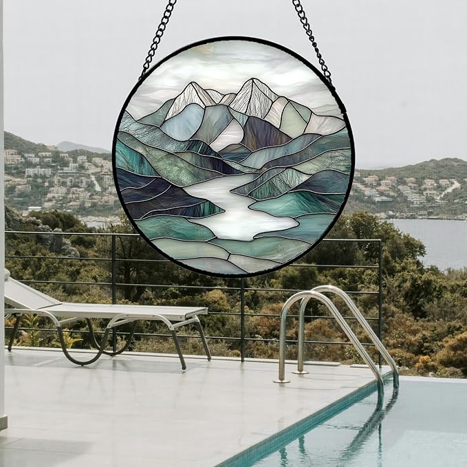 AMDERVEN Stained Glass Window Hanging 4 Pcs Set Mountain River Landscape 7.8" - Image 5