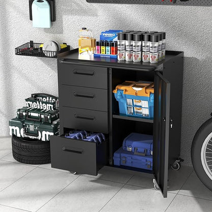 Metal Storage Cabinet with Wheels, Garage Storage Cabinet with 1 Door and 4 - Image 2