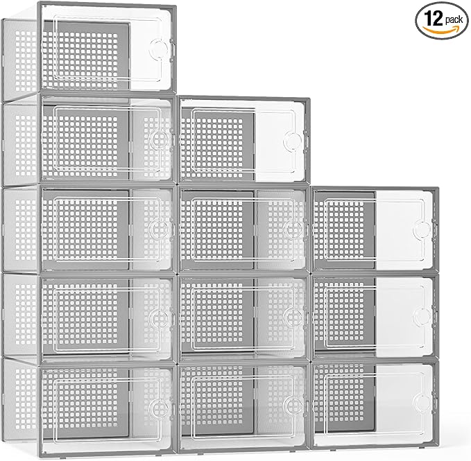 Kuject X-Large Shoe Storage Boxes Organizers Clear Plastic Stackable 12 Pack by Kuject