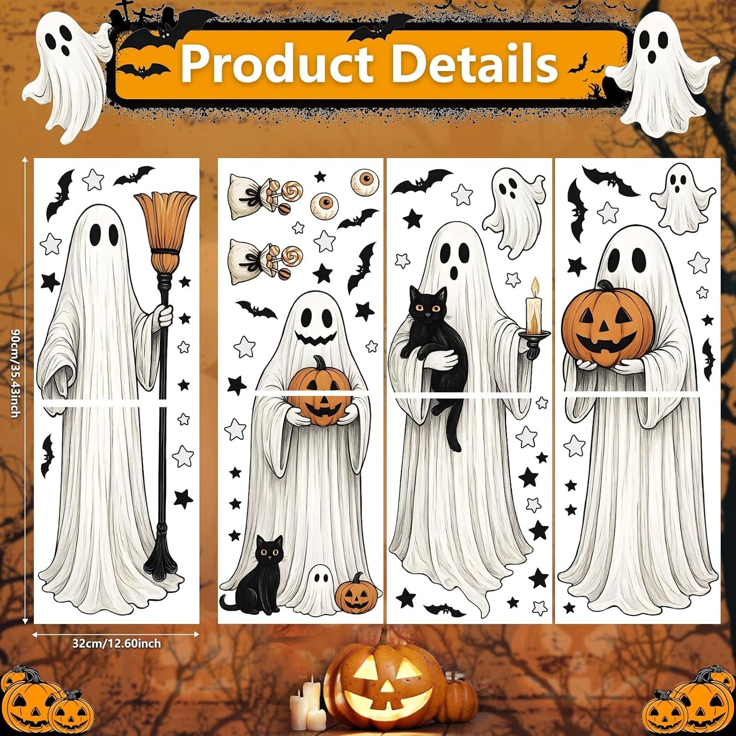 AhfuLife Large Halloween Ghost Window Clings Decorations, 12.6 x 35.4 inc, 4 Sheets Big Spooky Ghost Window Stickers Double Side Reusable Decals for Halloween Home Party Indoor Decorations