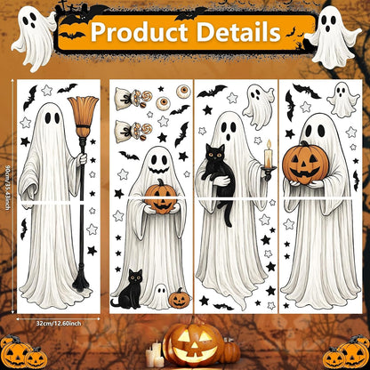 AhfuLife Large Halloween Ghost Window Clings Decorations, 12.6 x 35.4 inc, 4 Sheets Big Spooky Ghost Window Stickers Double Side Reusable Decals for Halloween Home Party Indoor Decorations