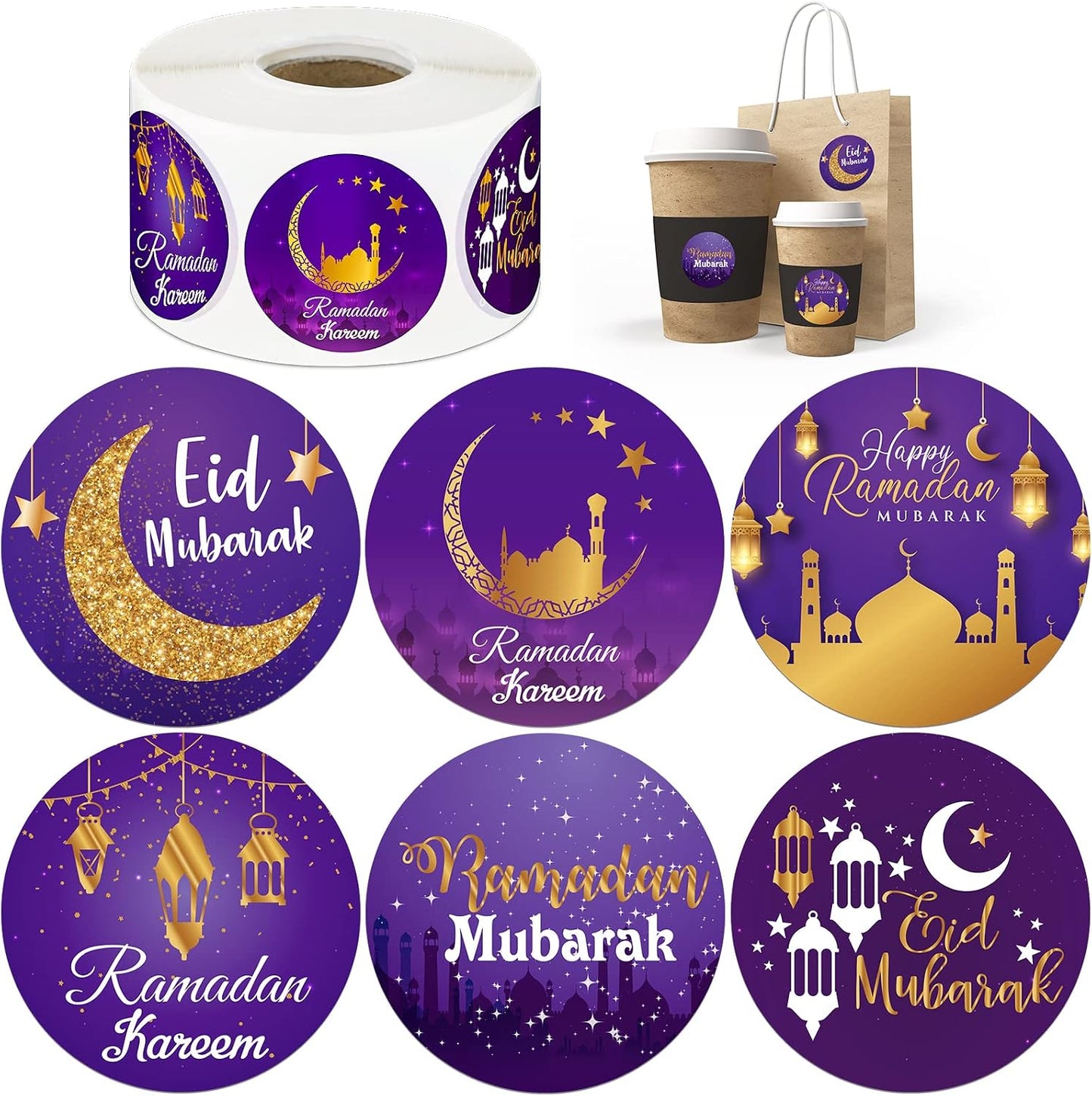 Nezyo 600 Pieces Ramadan Mubarak Stickers Eid Islamic Kareem Wall Window Stickers Ramadan Envelopes Gift Bags Labels for Eid Party Decorations(Bright Style)