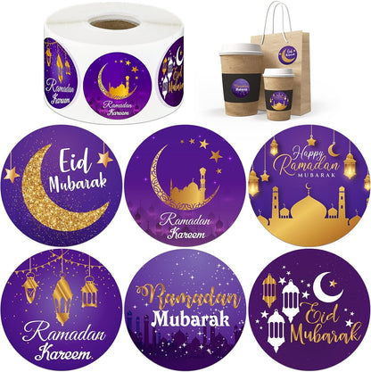 Nezyo 600 Pieces Ramadan Mubarak Stickers Eid Islamic Kareem Wall Window Stickers Ramadan Envelopes Gift Bags Labels for Eid Party Decorations(Bright Style)