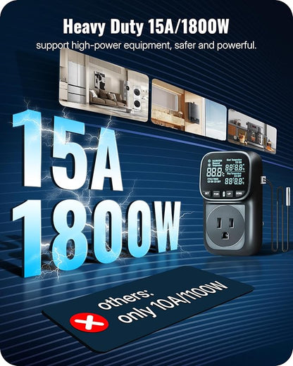Digital Temperature Controller Outlet, 15A/1800W Heavy Duty Thermostat Plug - Image 2