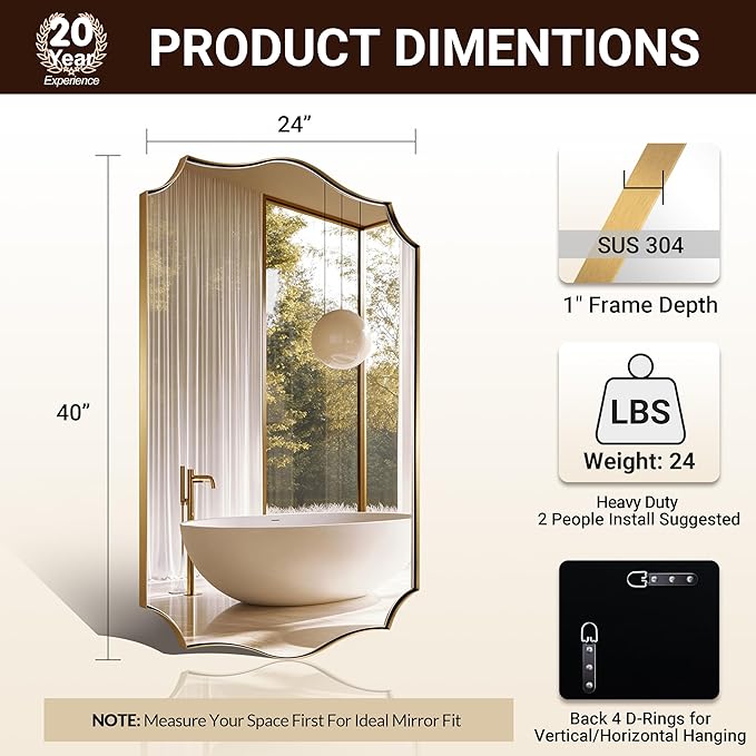 ANDY STAR 24x40 Inch Gold Mirror, Brushed Gold Bathroom Mirror, Antique Brass - Image 2