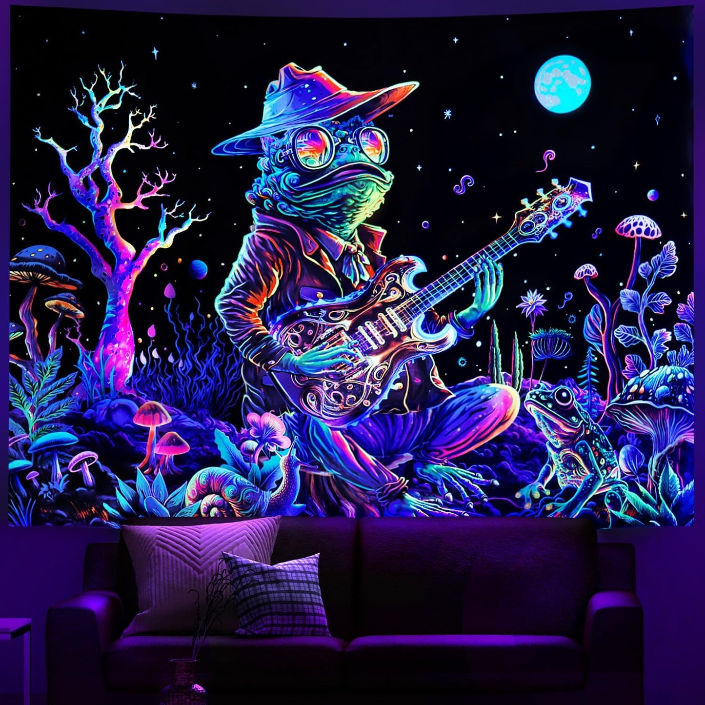 Galoker Blacklight Frog Tapestry Fantasy Neon Mushroom Tapestries UV Reactive Plant Floral Wall Tapestry Galaxy Space Tapestries Wall Hanging for Home Decor(H51.2×W59.1 inches)