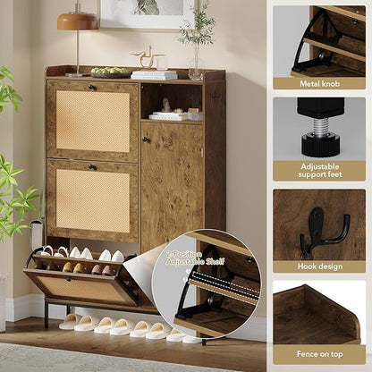 Rattan Wooden Shoe Cabinet, Freestanding 3-Flip Drawer Shoe Storage Organizer - Image 4