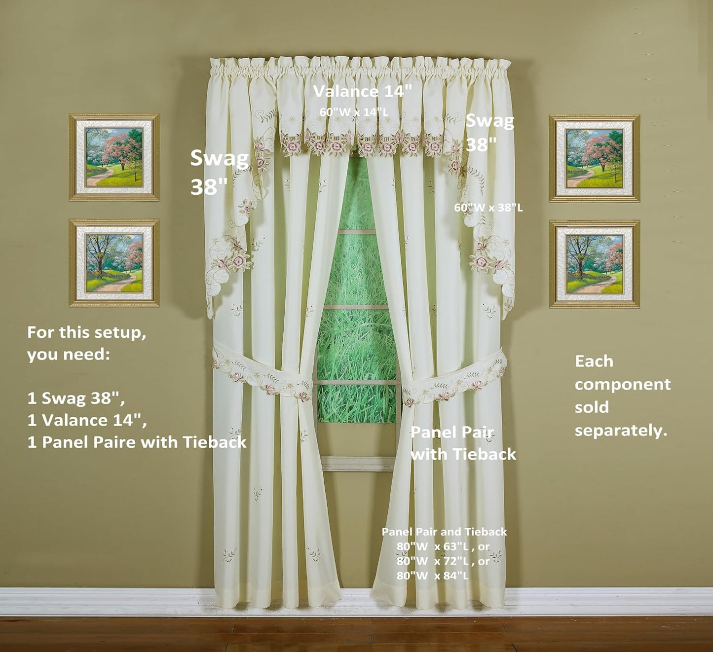 Today's Curtain Verona Reverse Embroidery Swag, 38", Ecru/Rose, 60"W X 38"L