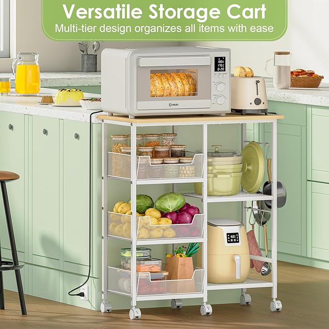 Rolling Kitchen Storage Microwave Cart & Kitchen Island on Wheels, Adjustable - Image 2