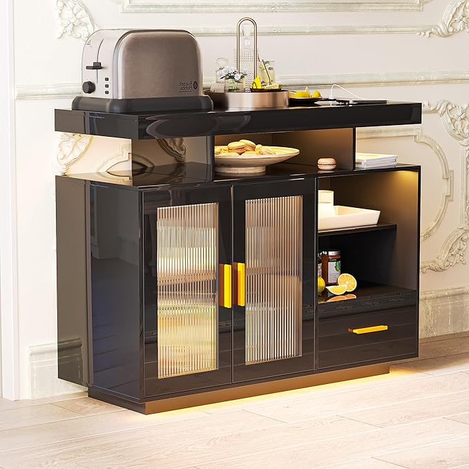 40" Wood LED Coffee Bar with Wireless Charging Station, Kitchen Storage Coffee - Image 9