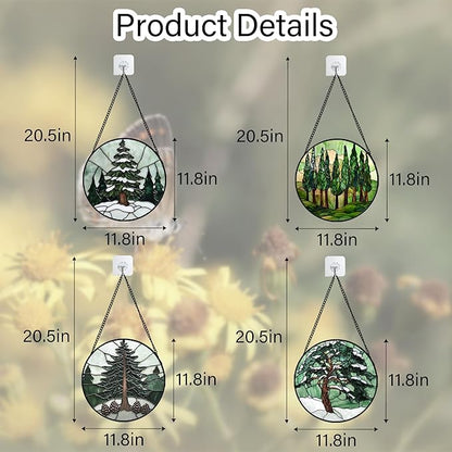 AMDERVEN Stained Glass Window Hanging 4 Pcs Set Forest Green Trees Winter Snow - Image 6