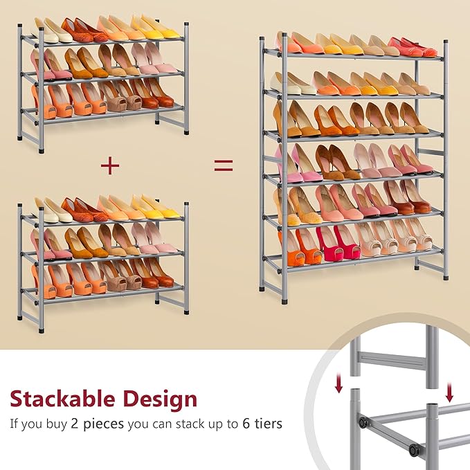 Tajsoon Expandable Shoe Rack for Closet 3 Tier, 28“-41“Adjustable & Stackable - Image 7
