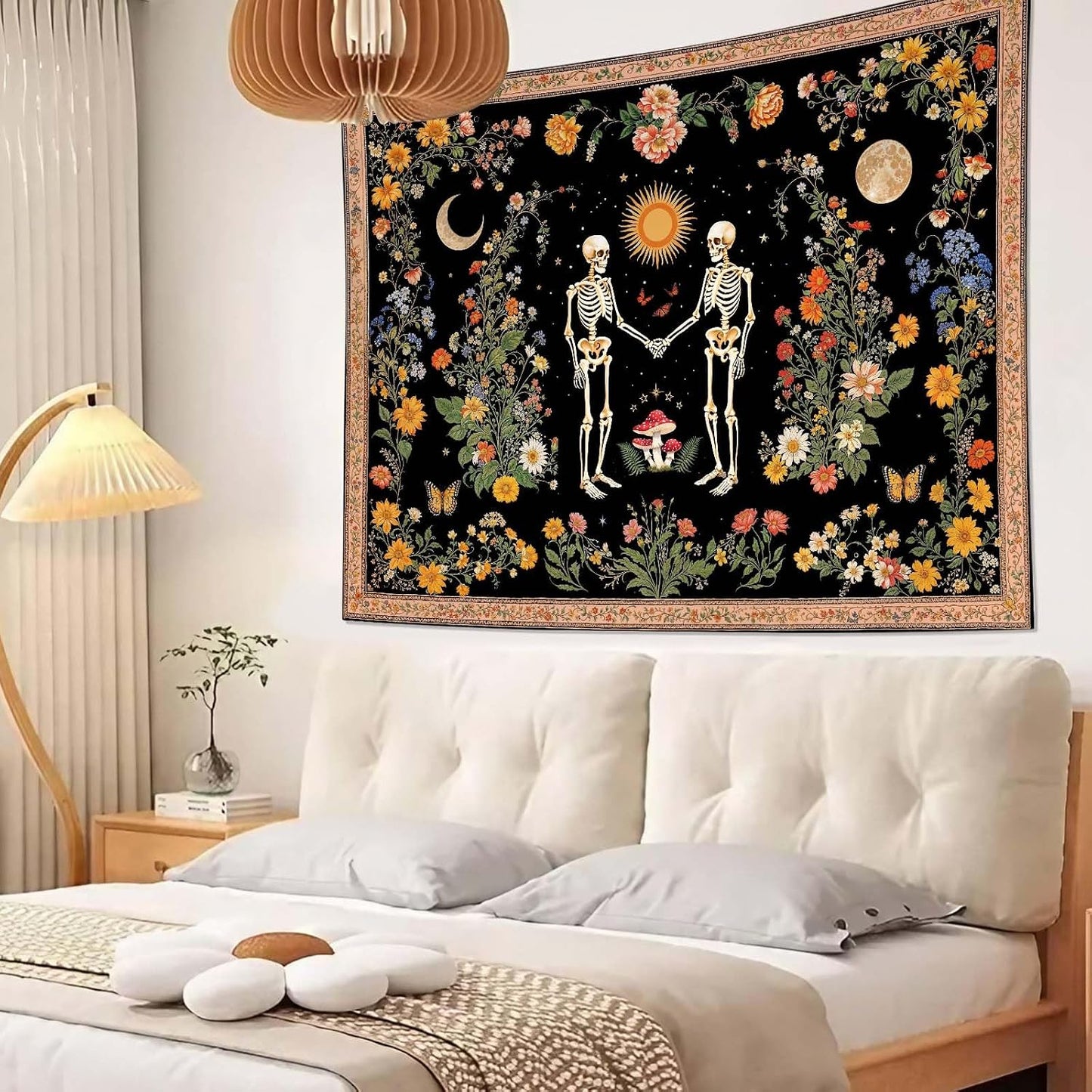 Wegklazax Skull Moon and Flowers Tapestry, Bohemian Hippie Gothic Wall Hanging for Room Decor, Mystical Altar Home Decor 60L x 44W