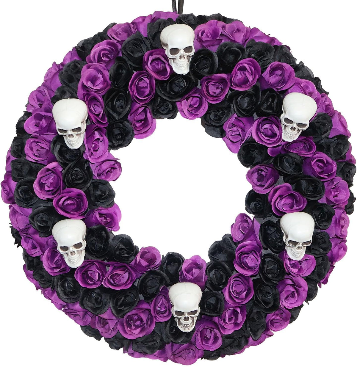 18 Inch Black & Purple Silk Rose Halloween Wreath, 6 Plastic Skulls