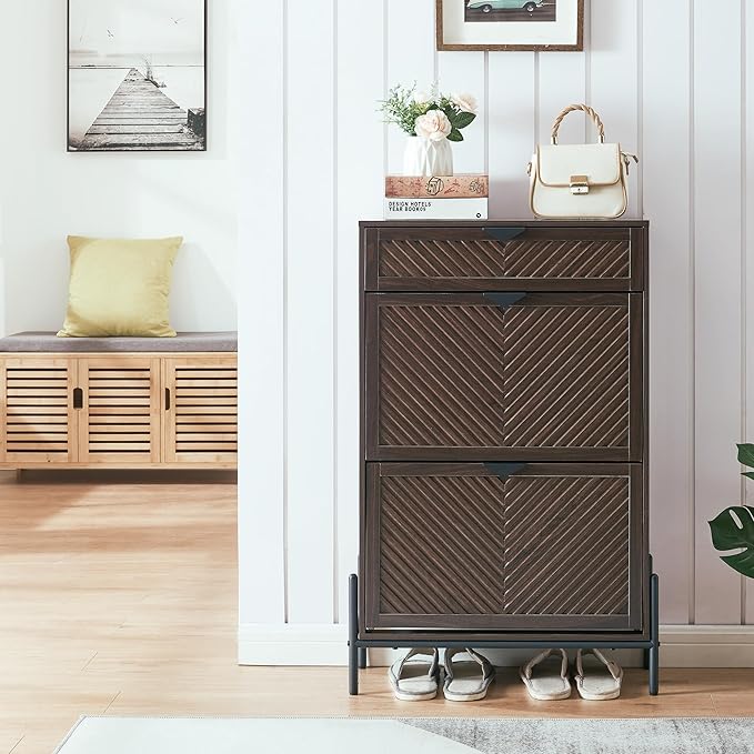 Shoe Cabinet Storage with 2 Flip Drawers, Narrow Hidden Shoes Organizer Cabinet - Image 5