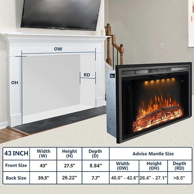 43 Inches Electric Fireplace Insert, 750W/1500W Fireplace Heater - Image 6