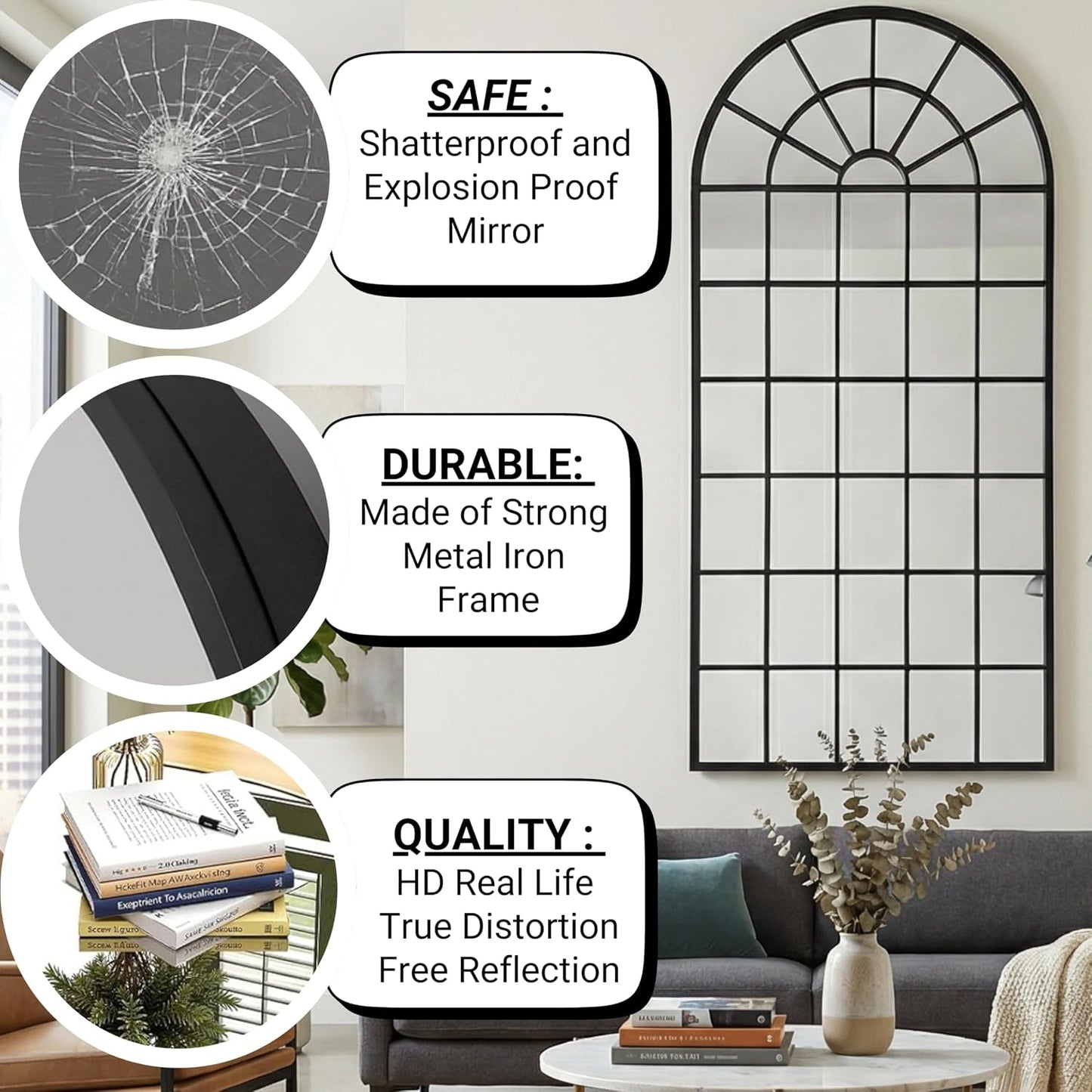70x30Inch Large Arched Window Pane Mirror| Black Arched Mirrors for Wall & Floor | Arch Mirror Full Length for Entryway Living Room & Bedroom | Oversized Mirrors | Wall Art Decorative |Farmhouse Décor