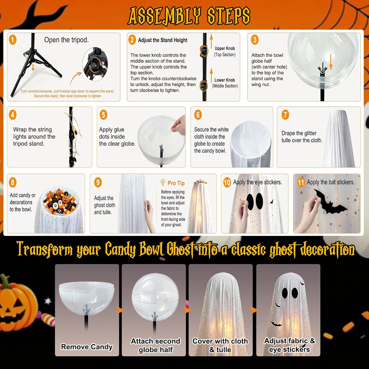 45" Lighted Halloween Candy Bowl Ghost, 2-in-1 Decor with Remote & T...