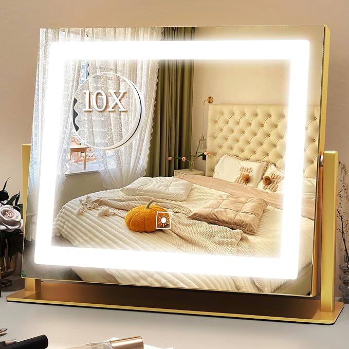ROLOVE Gold Vanity Mirror with Lights 14x11 Inch, Lighted Makeup Mirror by ROLOVE