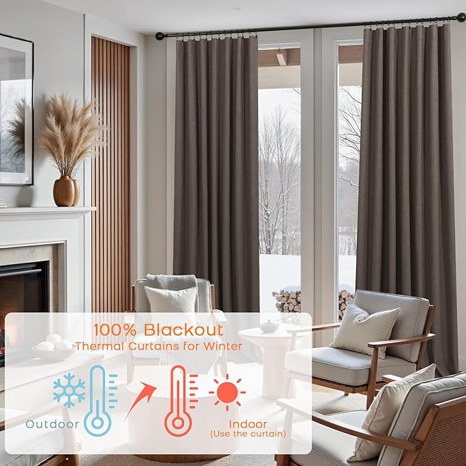 KOUFALL Dark Brown Curtains 108 Inches Long Linen Blackout Room Darkening - Image 2
