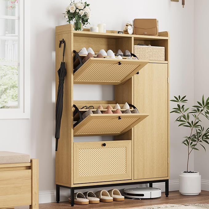 Rattan Wooden Shoe Cabinet, Freestanding 3-Flip Drawer Shoe Storage Organizer by Unknown