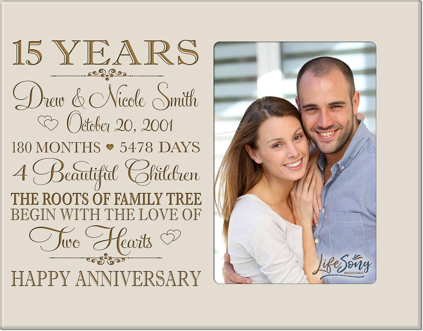 Personalized Fifteen Year for her him Couple Custom Engraved Wedding Gift for Husband Wife Girlfriend Boyfriend Photo Frame Holds 4x6 Photo (Ivory)