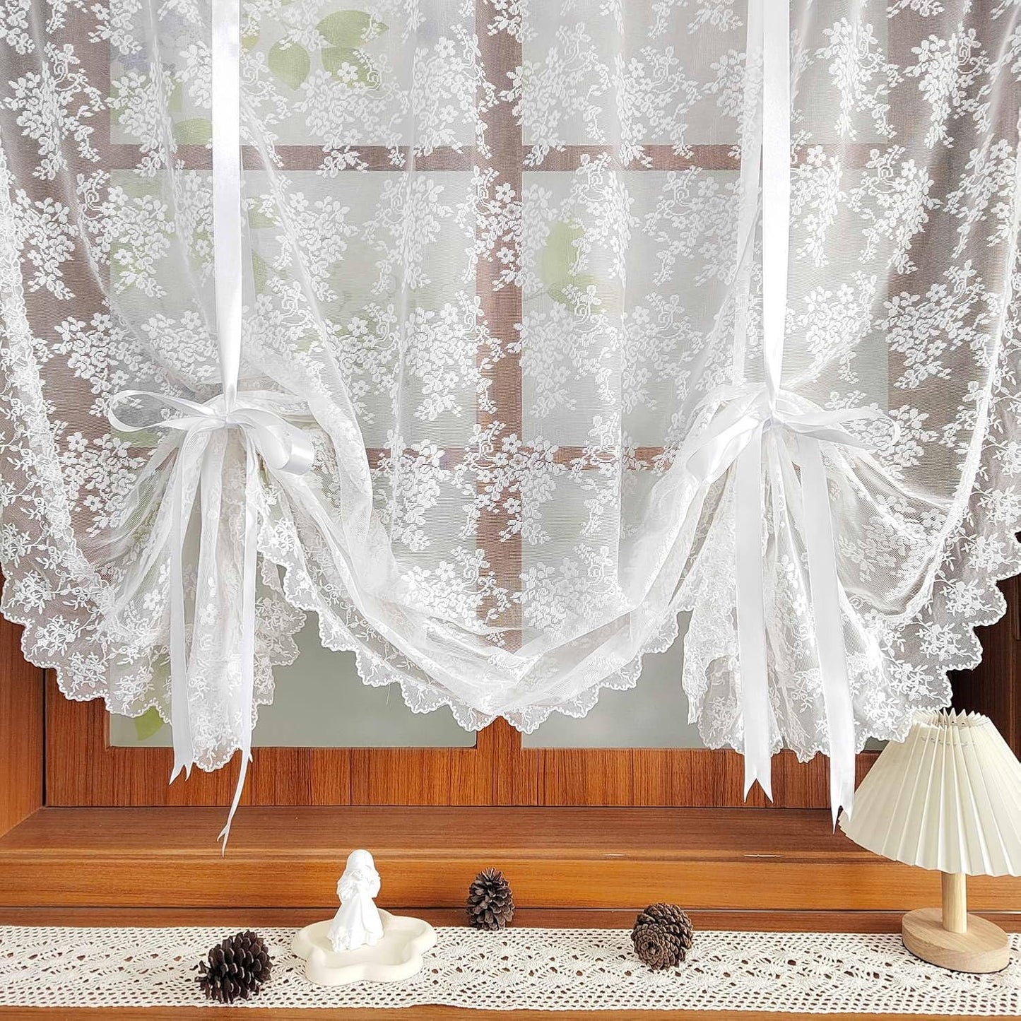 White Floral Lace Tie Up Curtain, Adjustable Lift Balloon Window Shade | Scalloped Edge Kitchen Curtain, Light Filtering Sheer Lace Curtain for Cafe Bathroom Rod Pocket, 1 Panel (W35 L39 inch)