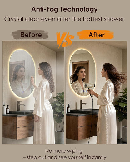 Irregular LED Bathroom Mirror 32"x22" Dimmable Anti Fog | Oval Shape, Shatterproof tempered glass, 3 color temps (3000K-6000K), stepless dimming, Mount vertical or horizontal
