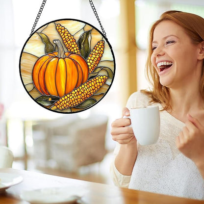 DASTOLL Stained Glass Window Hanging Autumn Harvest Pumpkin Corn 9.8" - Image 4