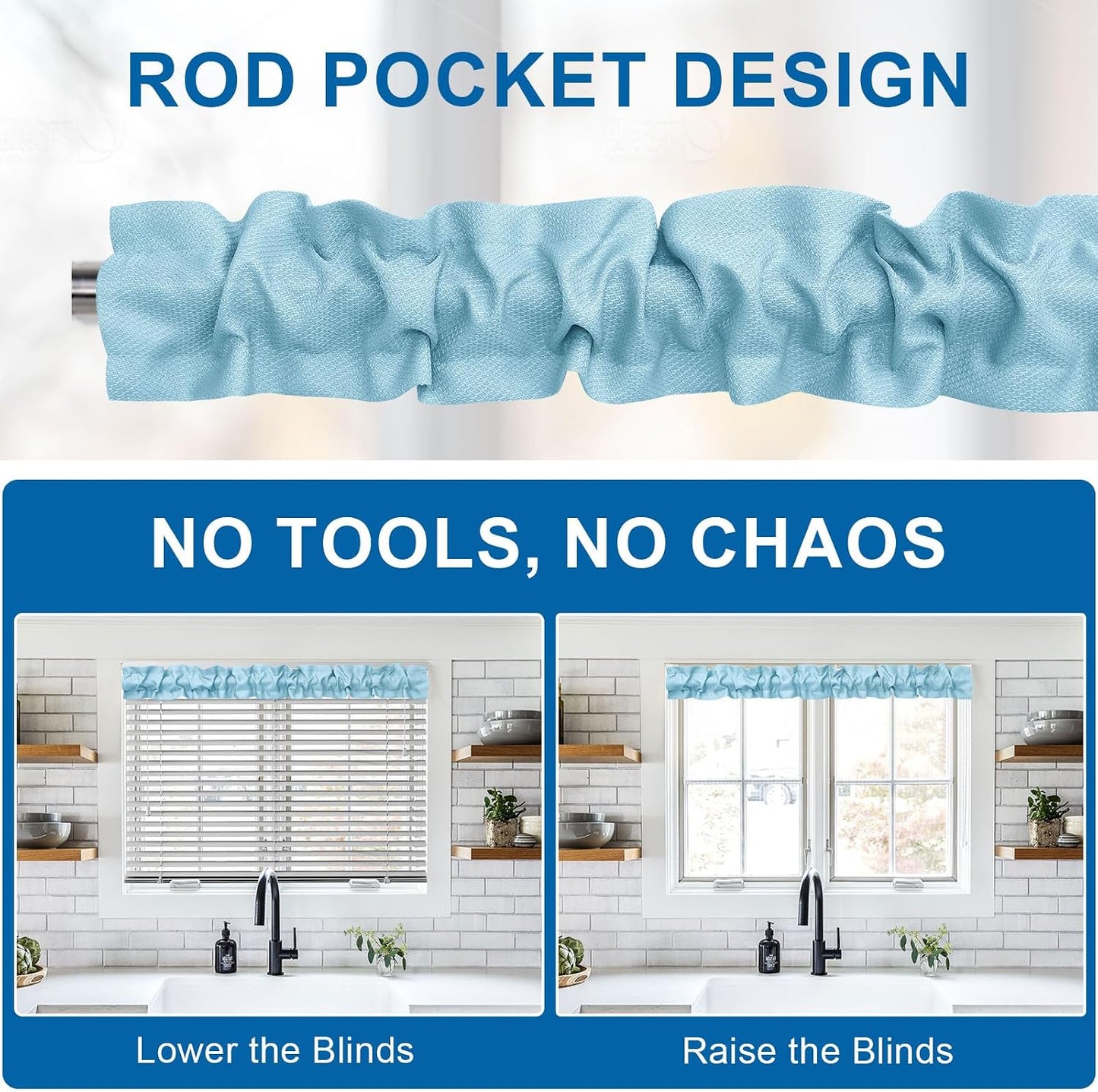XWZO Sleeve Topper with Top Bottom Ruffle Sleeves Valances Home Décor Window Treatment Bedroom Nursery Kitchen Window Curtain Header, 58" x 5",1 Piece, Textured-Sky Blue