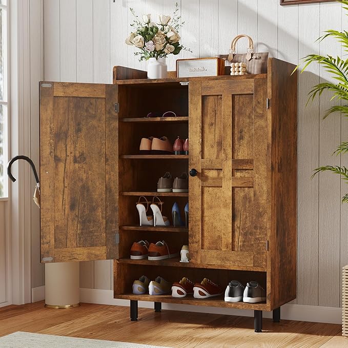 Farmhouse Shoe Cabinet with Doors, 6-Tier Wooden Shoe Organizer with Adjustable by Aivermeil