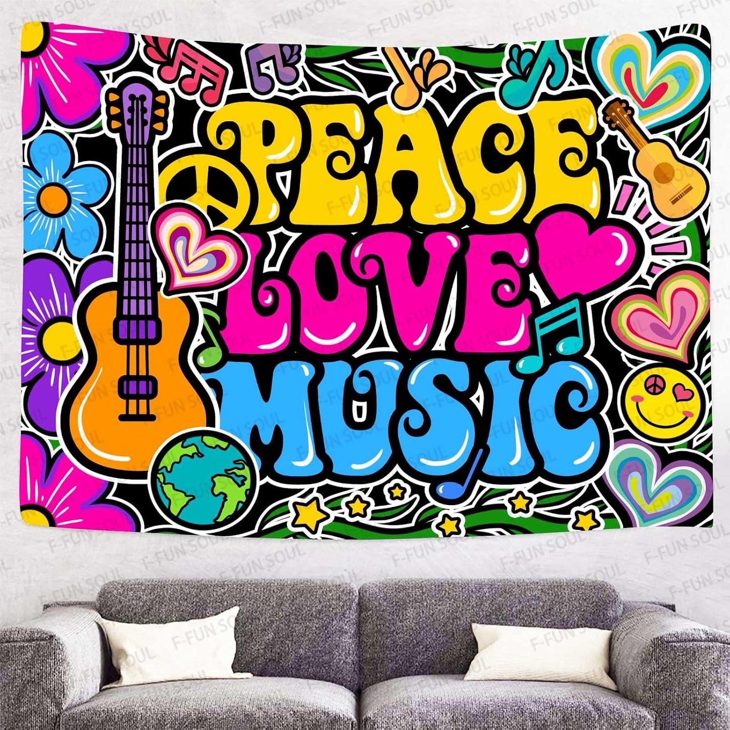 70s Music Tapestries Groovy Tapestry, Hippie Tapestry, 40x30inches | Peace Love Art Wall Hanging Tapestries, Psychedelic Tapestry, Soft Flannel, Bedroom, Dormitory, Office, Party Decor Banner