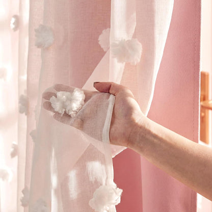 RYB HOME Room Darkening Pink Pom Pom Curtains for Nursery, Double Layer | Sheer Overlay, Cute Princess Style Decor, For Baby Girls Toddler Room, With 2 Bow Tie Backs,W52 x L63,2 Panels